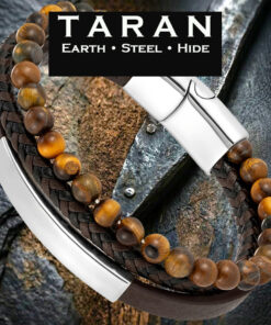 A Taran men's multi-strand bracelet combining a smooth brown leather band, a dual-tone brown and black braided cord, and a strand of round, natural Tiger's Eye gemstone beads. Features a curved, highly polished stainless steel accent plate and a matching magnetic clasp.