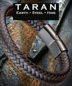 A Taran men's wide braided leather bracelet featuring a thick, flat-plait woven pattern made from alternating strands of premium brown and black hide. Includes an integrated, rectangular dark gunmetal stainless steel magnetic clasp, shown isolated on a solid white background.
