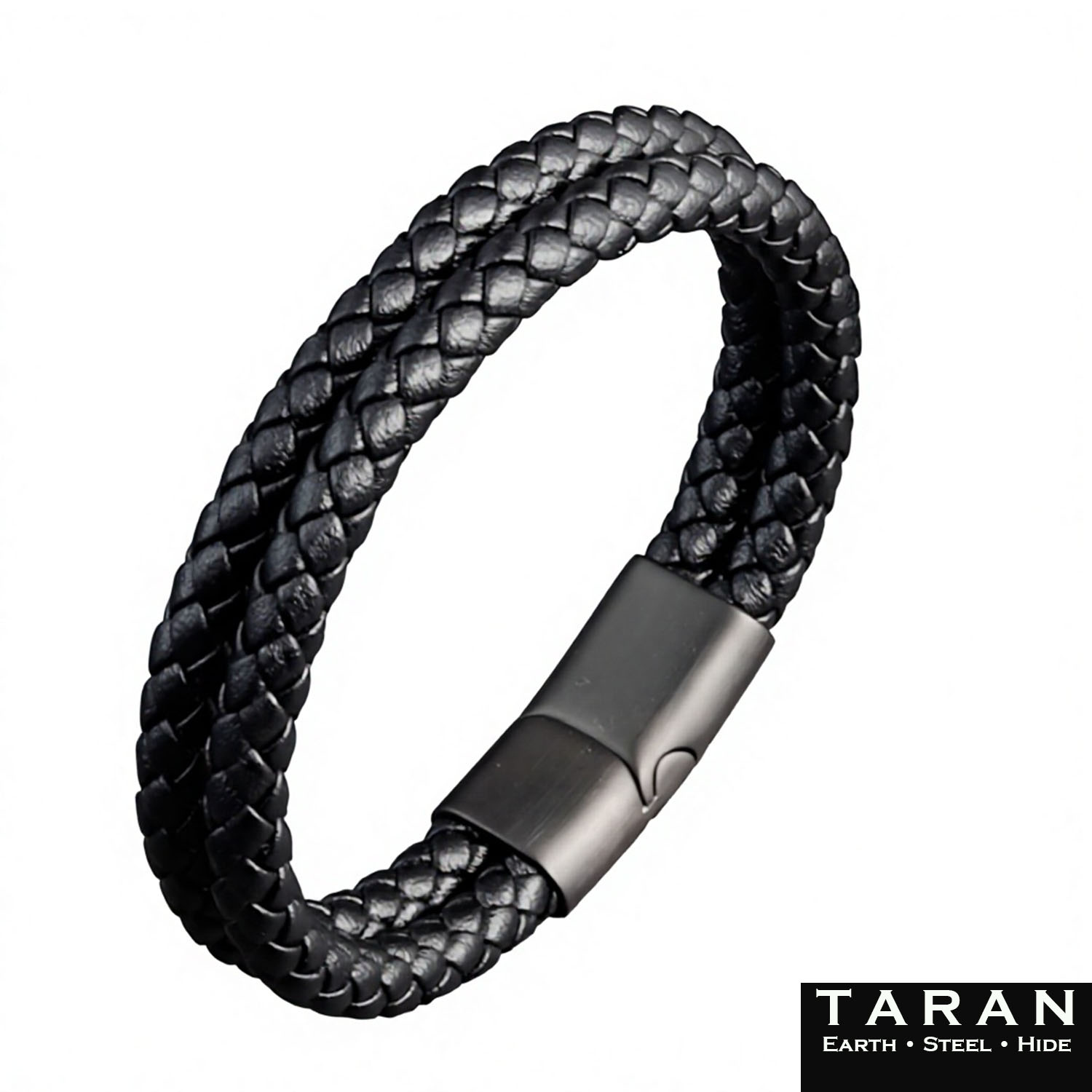 Taran Double Strand Braided Black Leather Men's Bracelet - Image 2
