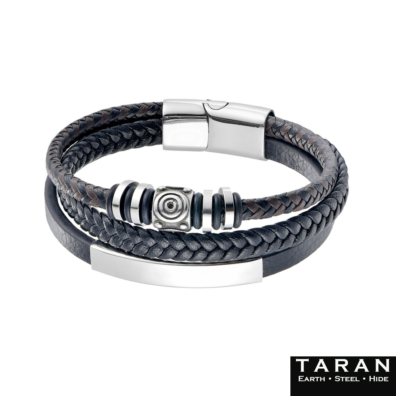 Taran Multi-Strand Black Leather Men's Bracelet with Steel Beads - Image 4