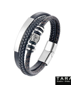 Alternative view of Taran Multi-Strand Black Leather Men's Bracelet with Steel Beads