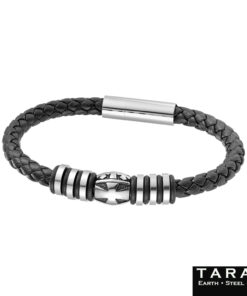 Taran Braided Black Leather Men's Cross Bracelet with Steel Beads - Image 3