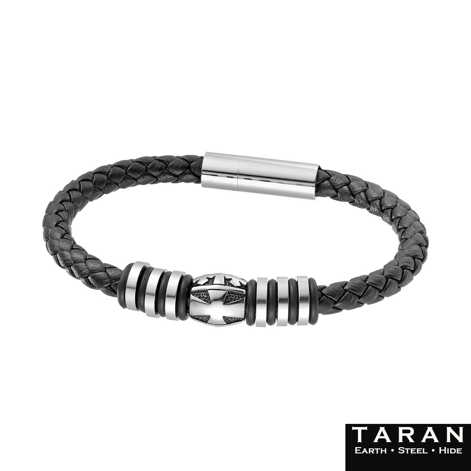 Taran Braided Black Leather Men's Cross Bracelet with Steel Beads - Image 3