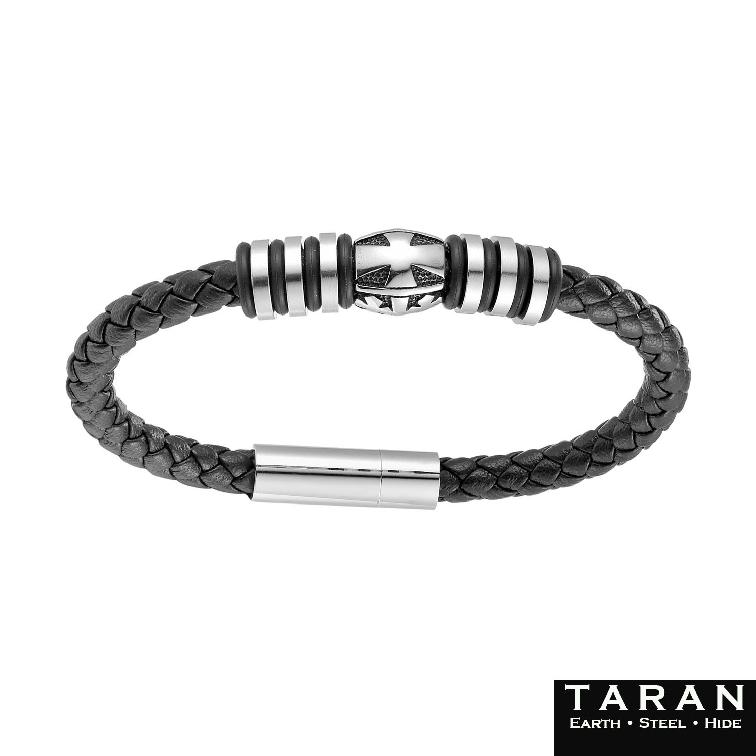 Taran Braided Black Leather Men's Cross Bracelet with Steel Beads - Image 4