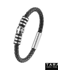 Alternative view of Taran Braided Black Leather Men's Cross Bracelet with Steel Beads