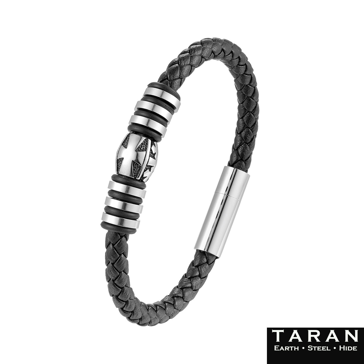 Taran Braided Black Leather Men's Cross Bracelet with Steel Beads - Image 2