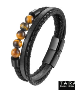 Alternative view of Taran Men's Black Leather Tiger's Eye Beaded Multi Strand Bracelet