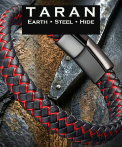 A Taran men's round-braided leather bracelet featuring a heavy two-tone woven pattern. The intricate plait intertwines genuine matte black leather hide with a vibrant, high-contrast crimson red accent strand. The band is secured by a low-profile, satin-black stainless steel magnetic clasp.