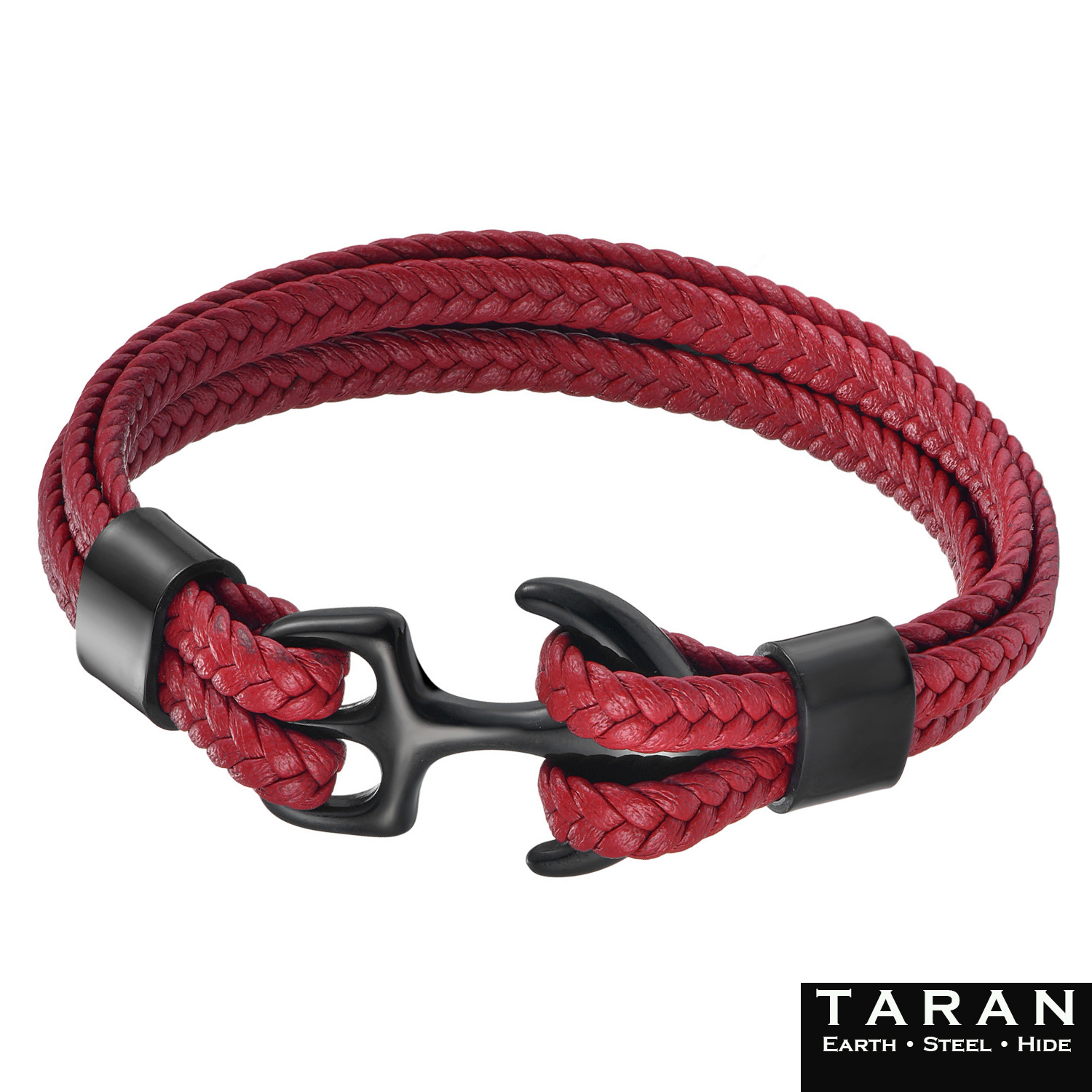Taran Red Braided Leather Men's Anchor Bracelet with Black Hook Clasp - Image 4