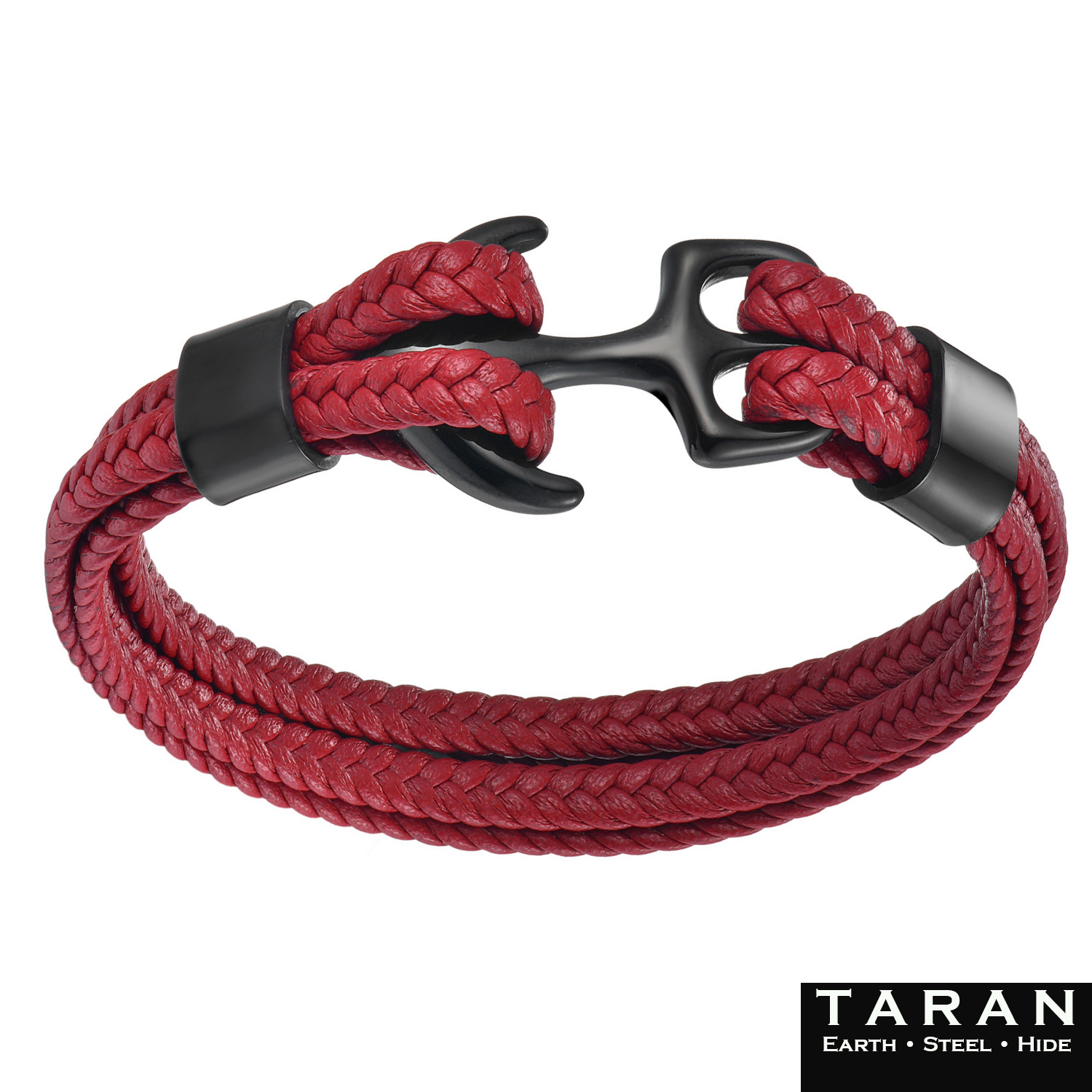 Taran Red Braided Leather Men's Anchor Bracelet with Black Hook Clasp - Image 3