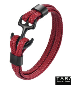 Alternative view of Taran Red Braided Leather Men's Anchor Bracelet with Black Hook Clasp