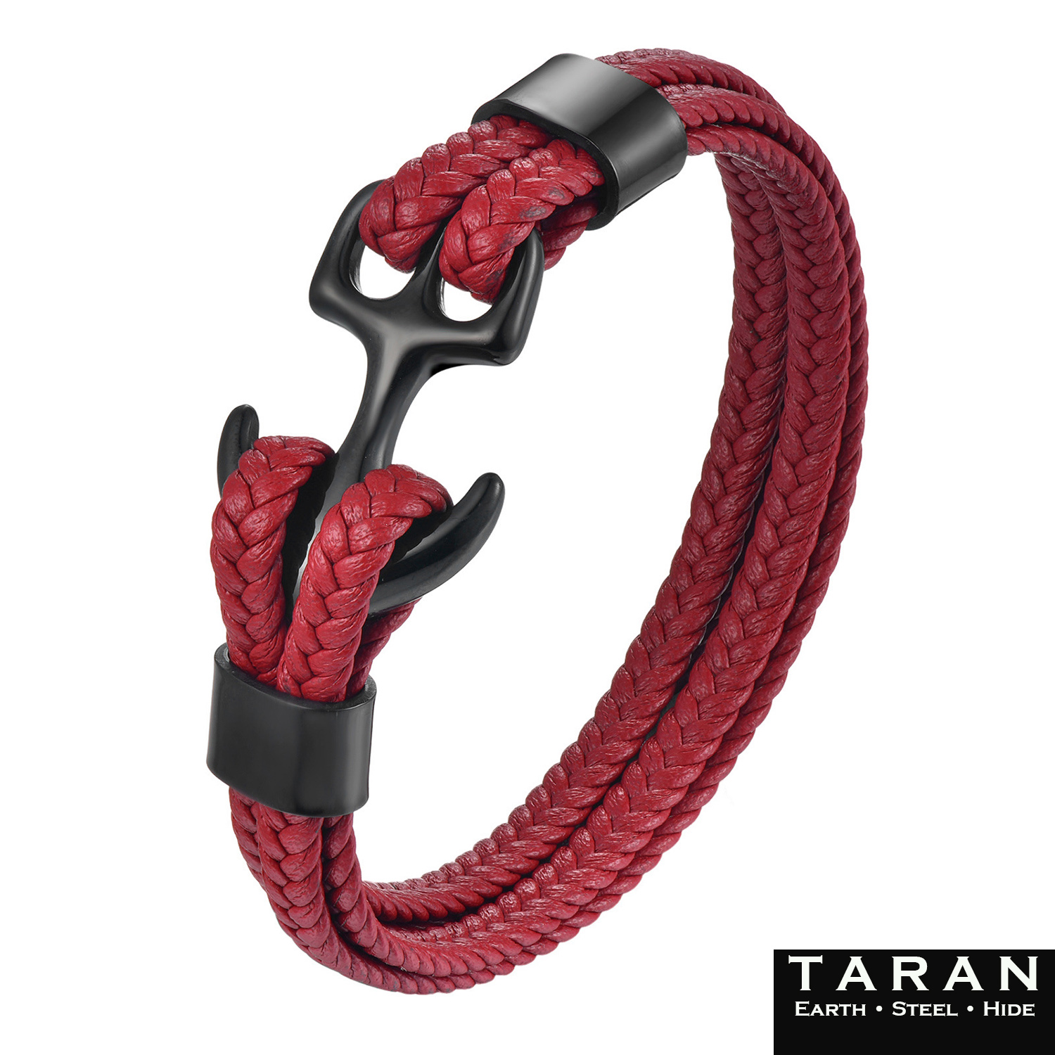 Taran Red Braided Leather Men's Anchor Bracelet with Black Hook Clasp - Image 2