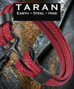 A Taran men's red braided leather anchor bracelet featuring a triple-strand woven design. Three parallel cords of genuine crimson red braided hide are aligned side-by-side, secured by matte black stainless steel keepers. The bracelet fastens with a low-profile, tactical matte black anchor hook clasp.