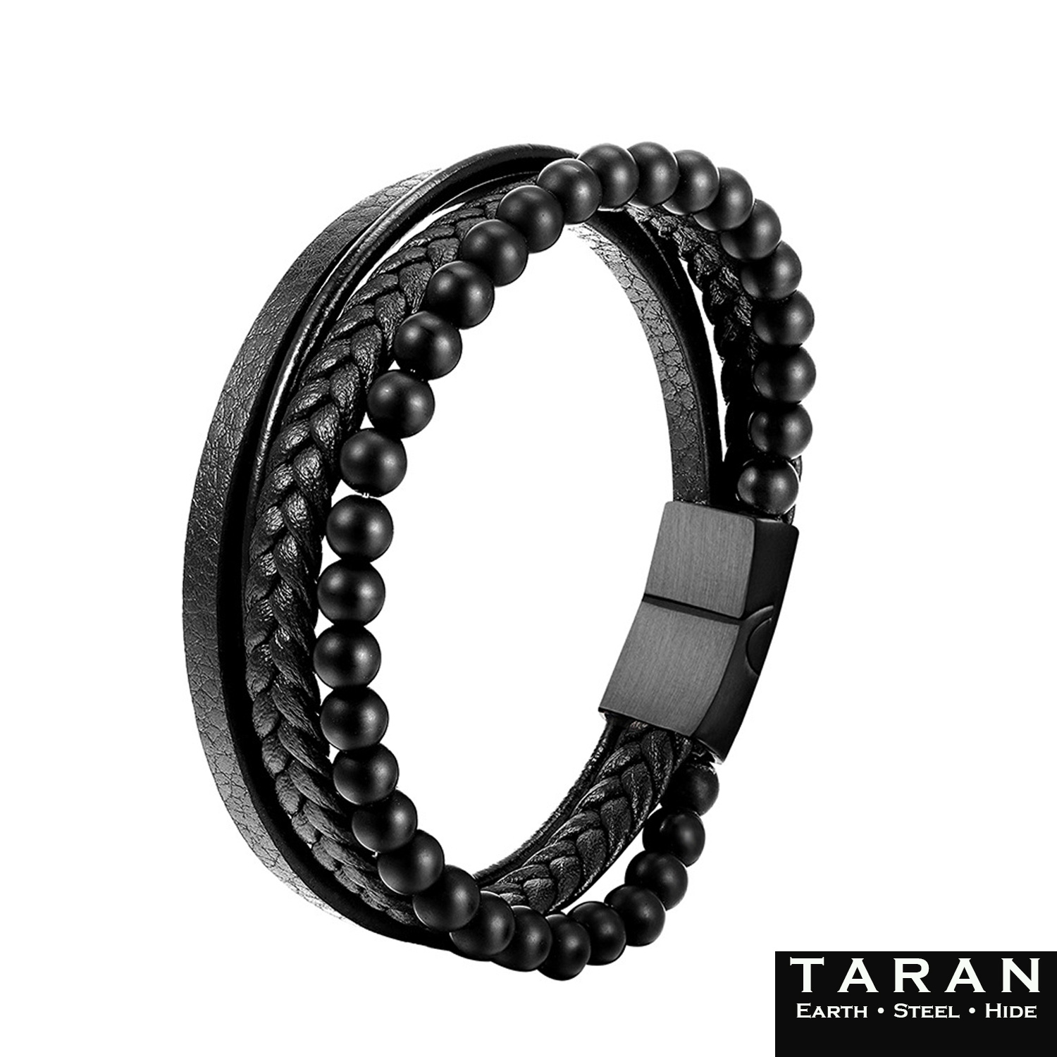 Taran Men's Black Leather and Onyx Bead Multi-Strand Bracelet - Image 2