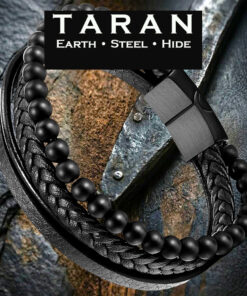 A Taran men's black leather and bead multi-strand bracelet featuring a pre-stacked tri-texture layout. The design includes a row of matte black onyx-style beads, a central cord of tightly woven black braided leather, and a flat grain-textured leather band. The strands are secured by a geometric, two-tone brushed gunmetal and matte black magnetic stainless steel clasp,