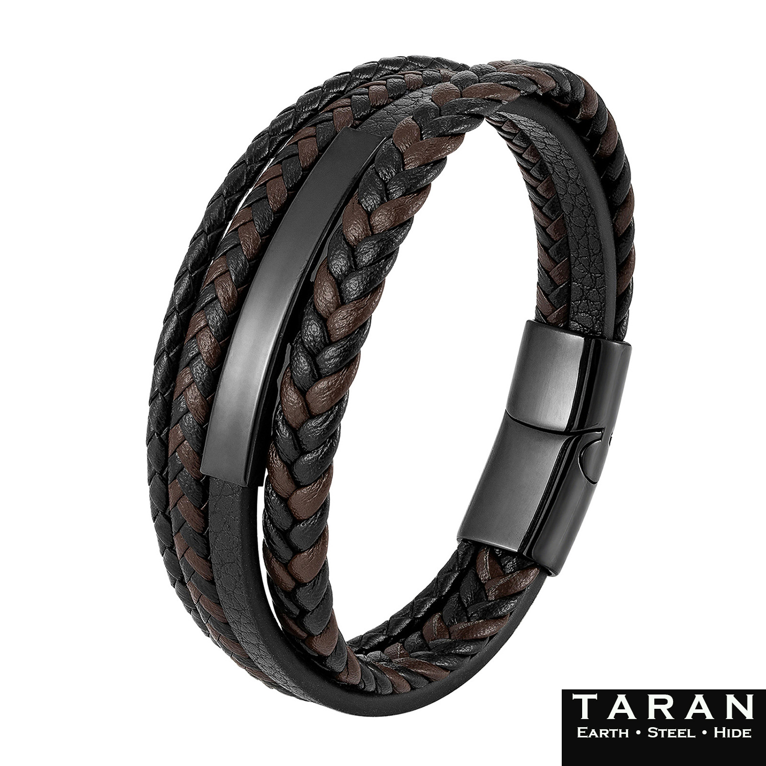 Taran Men's Black and Brown Braided Leather Multi-Strand Bracelet - Image 2