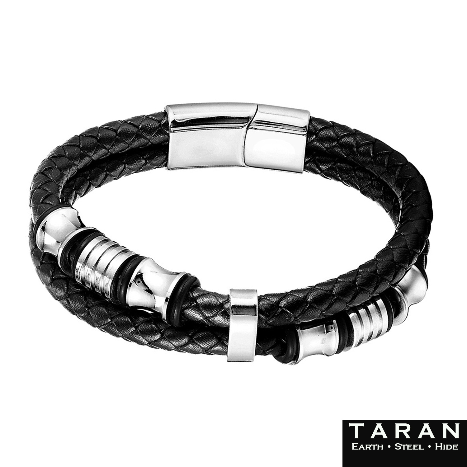 Taran Men's Black Leather Silver Bead Bracelet Multi-Strand - Image 3