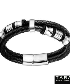 Taran Men's Black Leather Silver Bead Bracelet Multi-Strand - Image 4