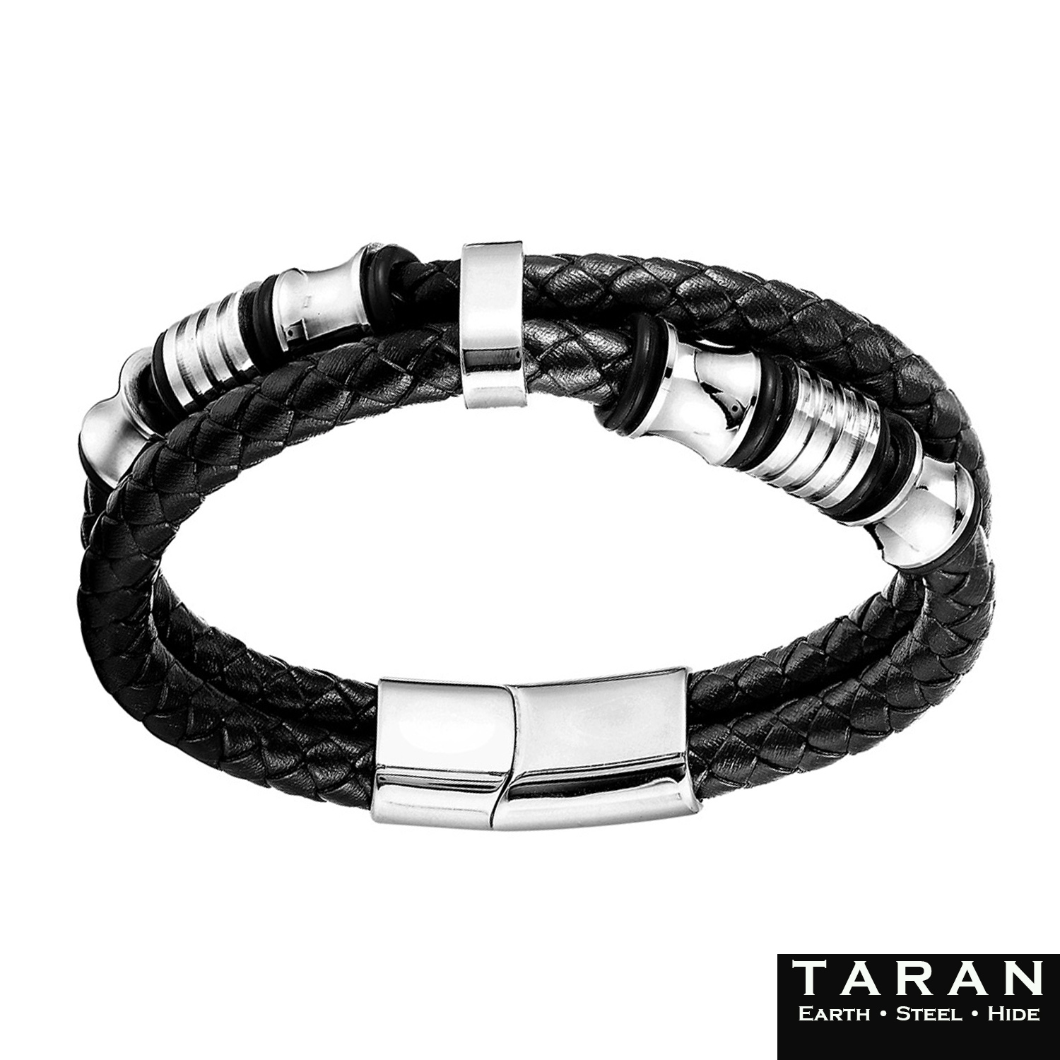Taran Men's Black Leather Silver Bead Bracelet Multi-Strand - Image 4