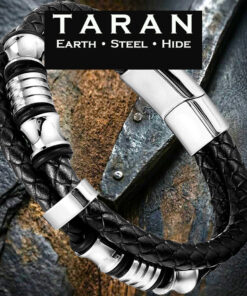 A Taran men's black leather silver bead bracelet featuring a multi-strand layout. The design showcases two independent rows of tightly woven black braided leather flanking a smooth black leather foundation cord. Machined silver stainless steel tactical beads with deep horizontal grooves are threaded along the strands, accented by high-polish mirror-silver steel industrial collars and a smooth central structural clip. The entire piece connects into a polished silver magnetic slide clasp.