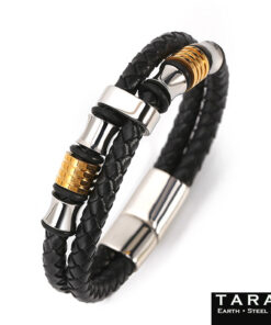 Alternative view of Taran Men's Black Leather Gold Bead Bracelet Multi-Strand