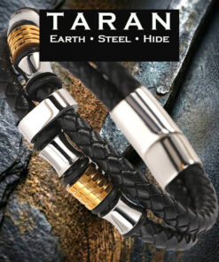 A Taran men's black leather gold bead bracelet featuring a multi-strand layout. The design showcases two independent rows of tightly woven black braided leather flanking a smooth black leather foundation cord. Machined gold stainless steel tactical beads with deep horizontal grooves are threaded along the strands, accented by high-polish mirror-silver steel industrial collars and a smooth central structural clip. The entire piece connects into a polished silver magnetic slide clasp.