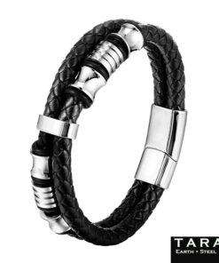 Alternative view of Taran Men's Black Leather Silver Bead Bracelet Multi-Strand