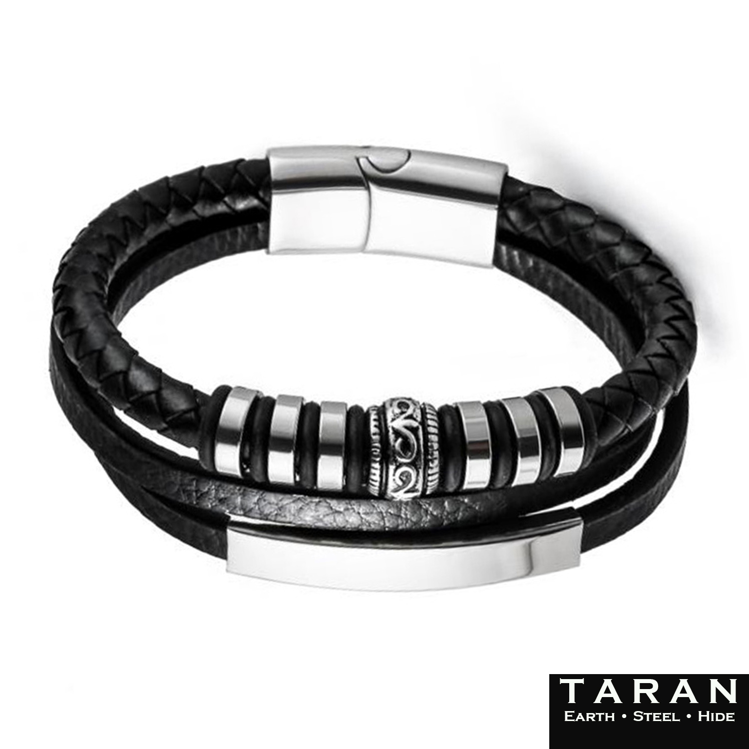 Taran Men's Black Leather Silver ID Bar Bead Bracelet - Image 4