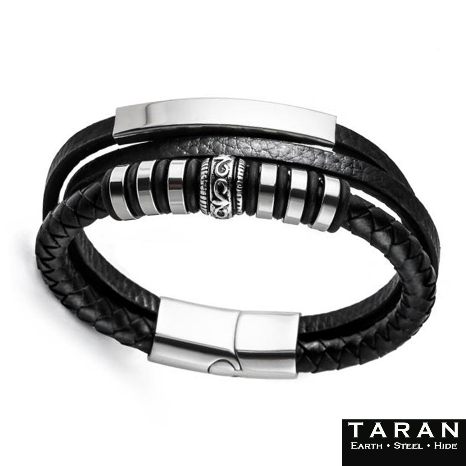 Taran Men's Black Leather Silver ID Bar Bead Bracelet - Image 3