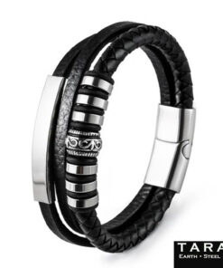 Alternative view of Taran Men's Black Leather Silver ID Bar Bead Bracelet