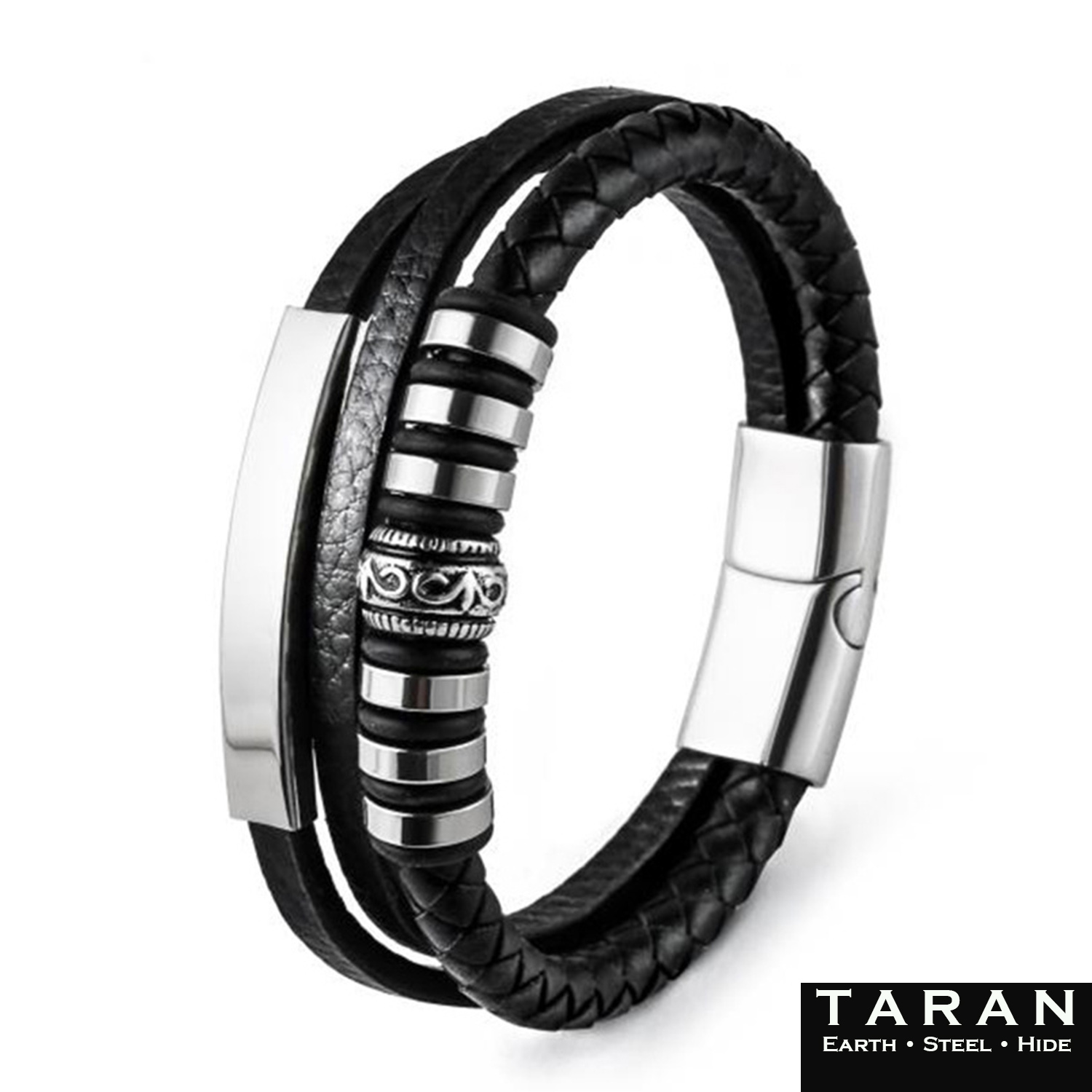 Taran Men's Black Leather Silver ID Bar Bead Bracelet - Image 2
