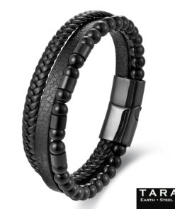 Alternative view of Taran Men's Black Leather Beaded Multi Strand Bracelet