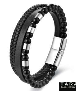 Alternative view of Taran Men's Black Leather Beaded Multi Strand Bracelet