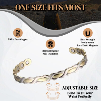 An infographic of an adjustable copper magnetic therapy bracelet showing ultra-strength neodymium rare earth magnets, 99.9% pure copper composition, and a hypoallergenic anti-oxidation design.