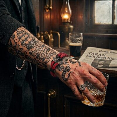 A heavily tattooed forearm wearing a red braided cord bracelet with a black metal anchor clasp, reaching for a glass of whiskey in a dim, vintage bar setting.