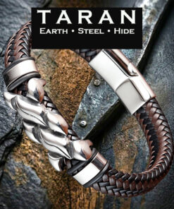 Men's TARAN two-tone brown and black braided leather bracelet featuring a sculpted polished stainless steel flame center emblem and a magnetic slide-lock clasp.