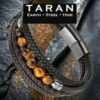 Men's TARAN multi-strand black braided leather bracelet featuring genuine golden-brown Tiger's Eye beads and a gunmetal stainless steel magnetic slide clasp.