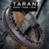 Men's TARAN multi-strand bracelet featuring natural Red Tiger's Eye and matte black beads alongside braided and smooth dark leather, secured with a matte black steel clasp.