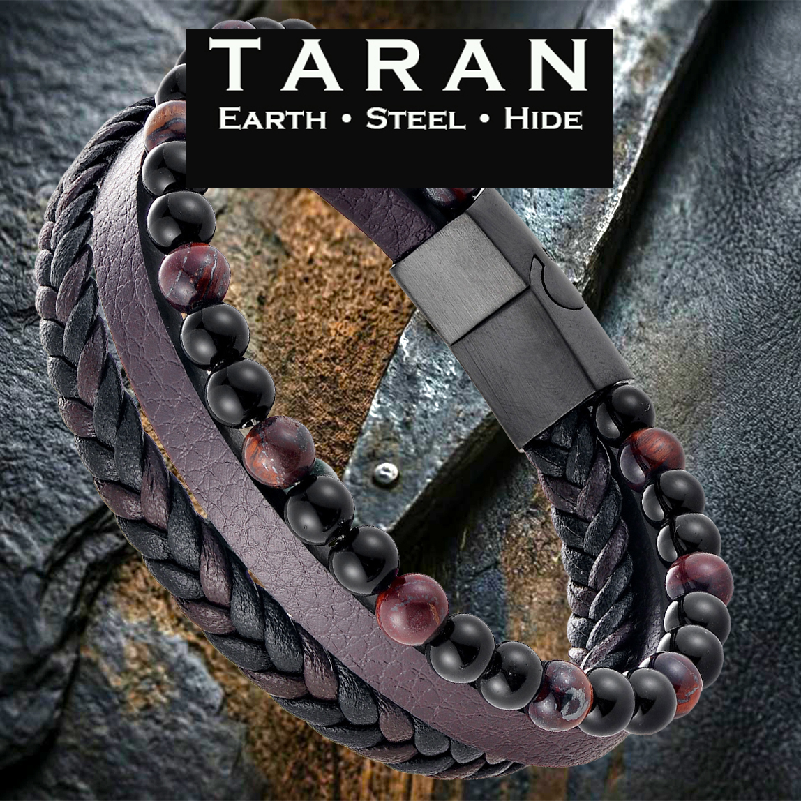 Men's TARAN multi-strand bracelet featuring natural Red Tiger's Eye and matte black beads alongside braided and smooth dark leather, secured with a matte black steel clasp.