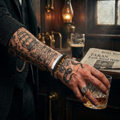 A heavily tattooed forearm wearing a stack of beaded and cuff bracelets, reaching for a glass of whiskey in a rustic, vintage tavern setting.